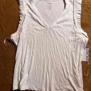 NWT‎ Nine West Women XL White Knight Ribbed Tank Top Sleeveless Ruffle (O)